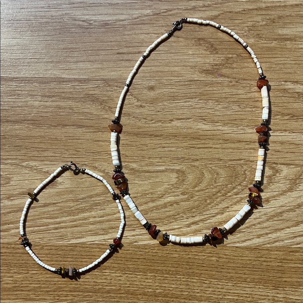 White and Brown Beaded Necklace and Bracelet Set